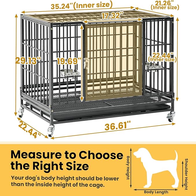 36 Inch Stackable Heavy Duty Dog Crate for Medium/Small Dogs, Metal Escape Proof Dog Crate with Lockabl Wheels, Removable Tray & Metal Grid, Medium Dog Cage Kennel Indoor for High Anxiety Dogs