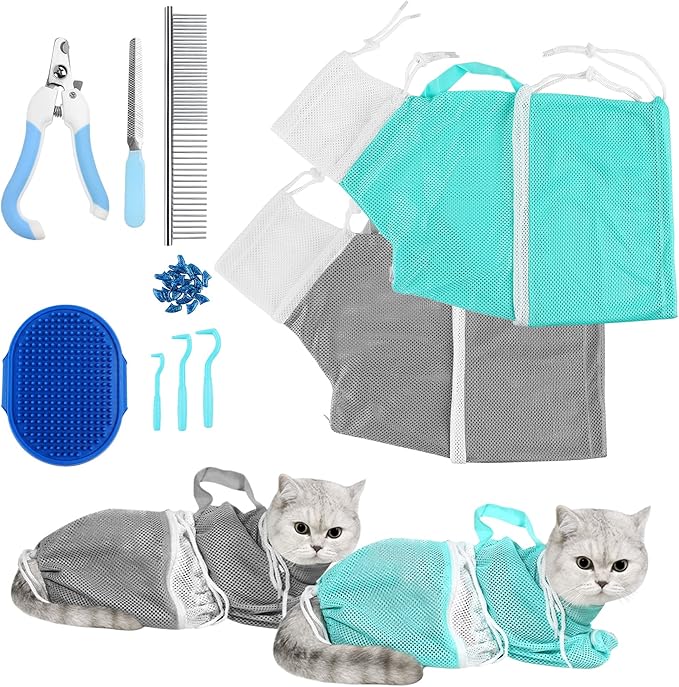 JULMELON Cat Washing Bag 10 PCS Set, Adjustable Cat Shower Net Bag and Pet Grooming Brush with Nail Clipper Nail File Hair Combs Tick Tool Nail Caps for Bathing Nail Trimming Examination（Grey+Green）