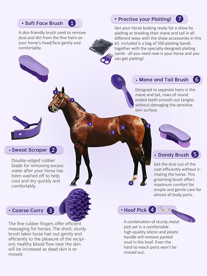 Harrison Howard 7 Pieces Horse Grooming Kit Horse Bathing Supplies Brushes for Grooming with Convenient Organizer Tote Purple