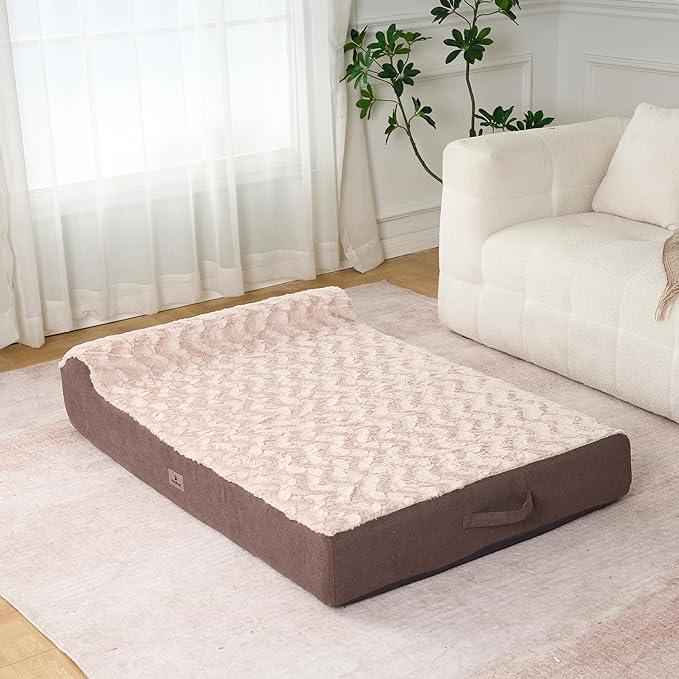Jumbo Orthopedic Dog Bed - 7-inch Thick Memory Foam Pet Bed with Pillow Removable Cover Free Waterproof Liner - for Large Dogs (Khaki (Textured Plush), 50''L x 34''W x 10''Th I Extra Large)
