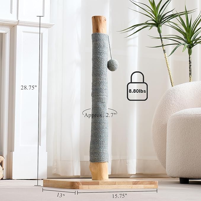 29" Tall Cat Scratching Post with Sisal Scratcher, Extra-Stable & Natural Solid Rubber Wood Base, Hanging Ball Toy for Indoor Cats Adults & Kittens, Gray