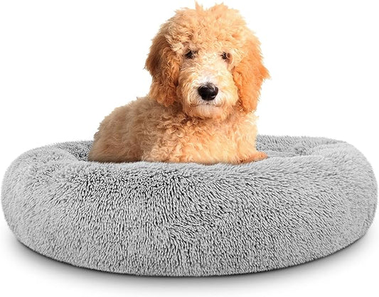 The Dog's Balls Dog Bed, Large Silver Grey Fur Calming Nest Bed