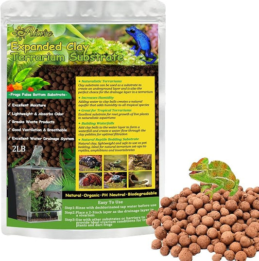 Riare 2LBS Expanded Clay Balls Terrarium Substrate for Reptiles - 100% Organic Lightweight Clay Pebbles Substrate Frogs False Bottom Substrate, Bioactive Terrarium Substrate for Drainage and Moisture