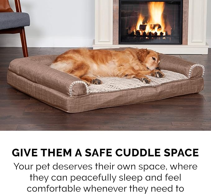 Furhaven Orthopedic Dog Bed for Large Dogs w/ Removable Bolsters & Washable Cover, For Dogs Up to 95 lbs - Luxe Faux Fur & Performance Linen Sofa - Woodsmoke, Jumbo/XL