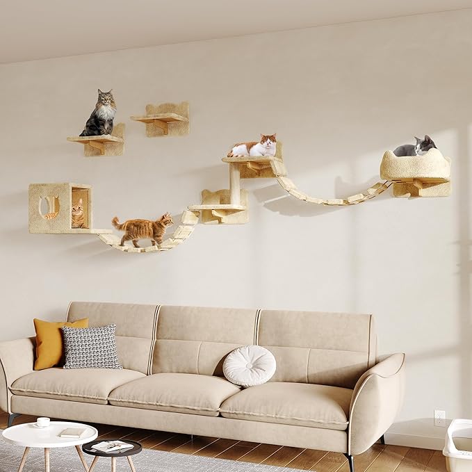 9-in-1 Cat Wall Shelves, Wall Mounted Cat Furniture Set with Plush Fabric, Cat Climbing Wall Systems, Cats Shelf Furniture with Condos, House, Steps, Bridge Ladder, Scratching Post, Beige
