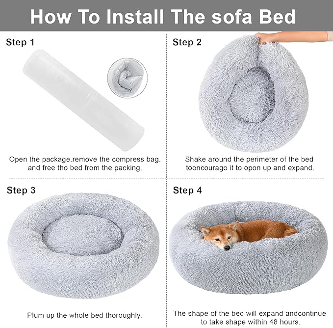 Dog Bed Calming Beds for Small Medium Dogs - Round Donut Washable Dog Bed, Anti-Slip Faux Fur Fluffy Donut Cuddler Anxiety Cat Bed(Light Grey 24")
