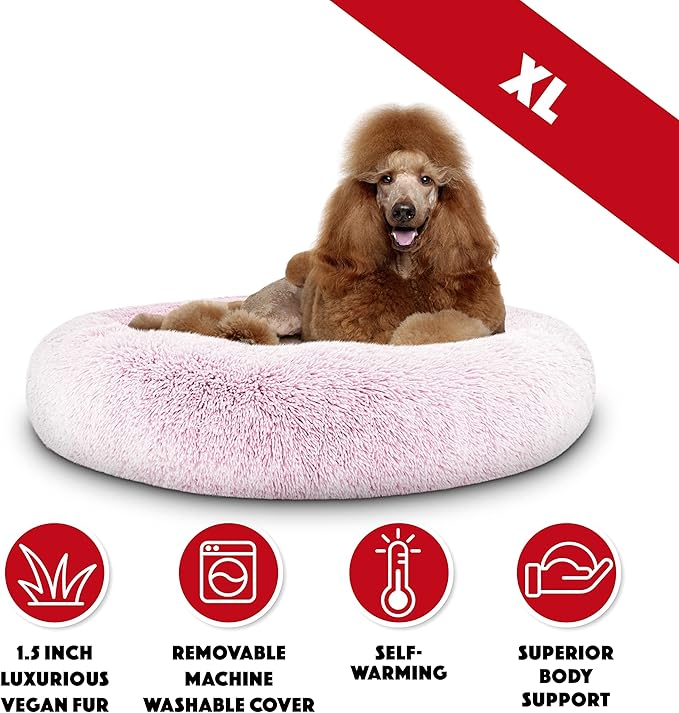 The Dog’s Bed Sound Sleep Original Calming Dog & Cat Bed, Anti-Anxiety Plush Faux Fur Donut Nest Snuggler, with Removable Cover