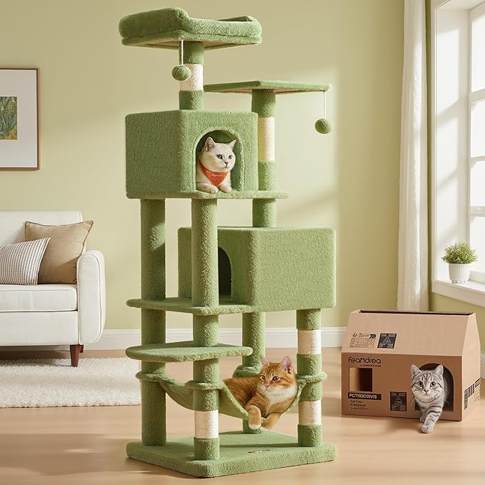 Feandrea Cat Tree, 61-Inch Cat Tower for Indoor Cats, Plush Multi-Level Cat Condo with 5 Scratching Posts, 2 Perches, 2 Caves, Hammock, 2 Pompoms, Grass Green UPCT192C02