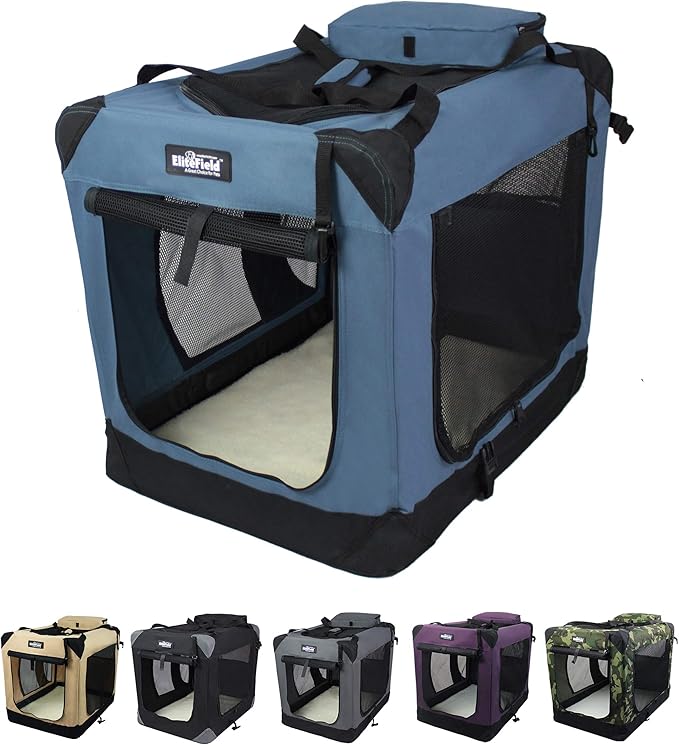 EliteField 3-Door Folding Soft Dog Crate with Carrying Bag and Fleece Bed (2 Year Warranty), Indoor & Outdoor Pet Home (20" L x 14" W x 14" H, Blue Gray)