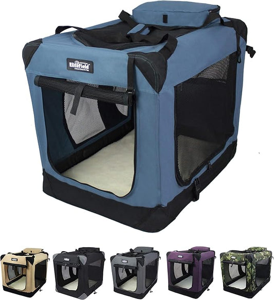 EliteField 3-Door Folding Soft Dog Crate with Carrying Bag and Fleece Bed (2 Year Warranty), Indoor & Outdoor Pet Home (20" L x 14" W x 14" H, Blue Gray)
