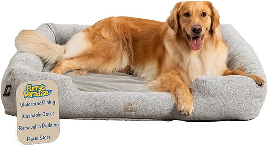 Furry's Paradise Foam Cuddler Pet Bed with Waterproof Liners, Reversible Cushion, Washable Cover, Recycled Fibers and Non-Slip Bottom. (Gray Paisley, Orthopedic Large)
