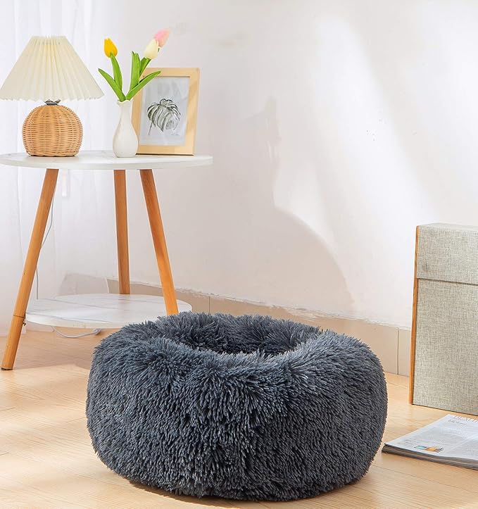 Dog Bed Large, Soft Round Cuddler Dog Beds Fluffy Plush Faux Fur Pet Beds, Anit-Anxiety Self-Warming Comfy (28", Dark Grey)