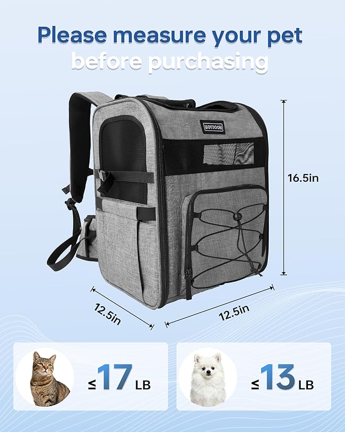 Hiking Dog Carrier Backpack, Adjustable Waist Cushioning Belt with Breathable Padded Back Support, Dog Carrier for Hiking with 5 Pockets, Dog Carrier Backpack for Small Dogs Max 13LB Grey
