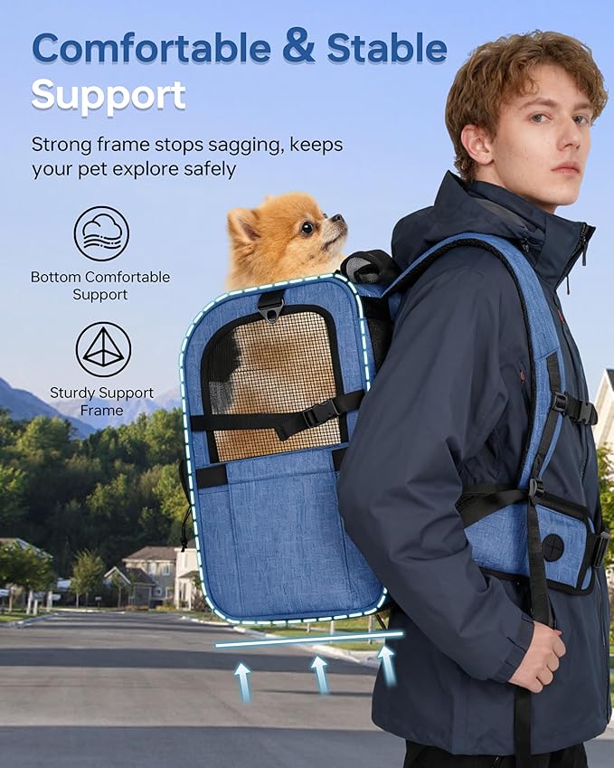 Hiking Dog Carrier Backpack, Adjustable Waist Cushioning Belt with Breathable Padded Back Support, Dog Carrier for Hiking with 5 Pockets, Dog Carrier Backpack for Small Dogs Max 13LB Blue