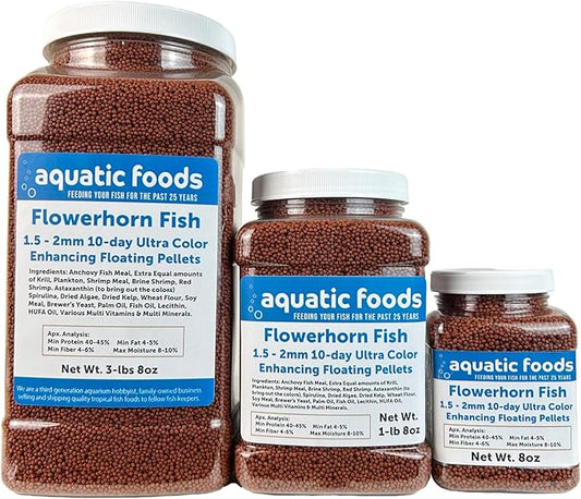 Aquatic Foods Inc. Flowerhorn Fish Ultra Red Color Enhancing 1.5mm-2mm Floating Pellets. Color Enhancing in 10-Days for Baby, Juvenile and Adult Flowerhorn…1-lb 8oz Medium Jar