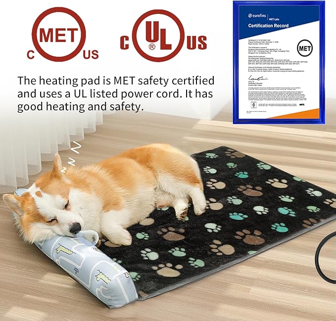 Dog Heating Pad 32x20in with Smart Thermostat Switch and Power Line Protection Tube,Obtained MET and UL Dual Certification,Waterproof Pet Heating Pad for Dogs with Plush Fabric Cover-Black