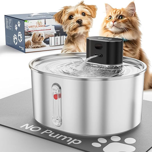 Virtulance No Pump Cat Water Fountain with 3 Filter - 3.2l/108oz Wireless Stainless Steel Pet Water Fountain, Cordless Automatic Dispenser, Battery Operated Fountain with Motion Sensor