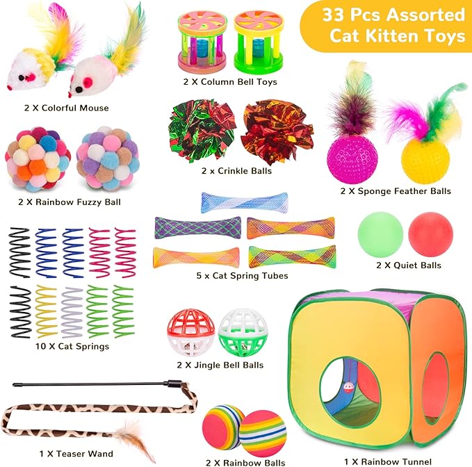 Retro Shaw Cat Toys, 33Pack Large Cats Toys, Interactive Kitten Toys for Indoor Cats Kitty with Collapsible Game Tunnel Tube Tent Feather Wand Teaser Bell Fuzzy Ball Springs Mouse Toys