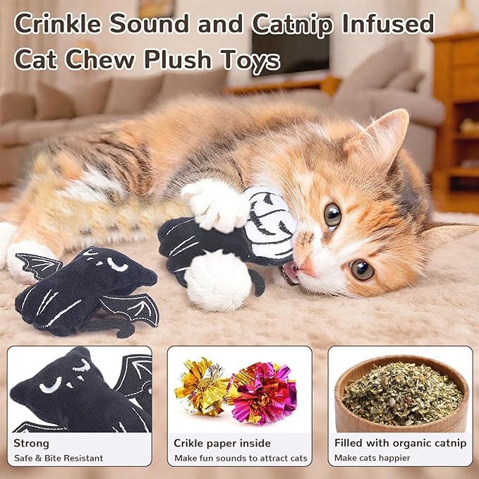 Retro Shaw 4Pcs Christmas Cat Toys, Xmas Crinkly Catnip Toys for Indoor Cats Kitty Chew, Safe Teeth Cleaning Kitten Toy, Interactive Cat Nip Kicker Toy, 3.7 Inches