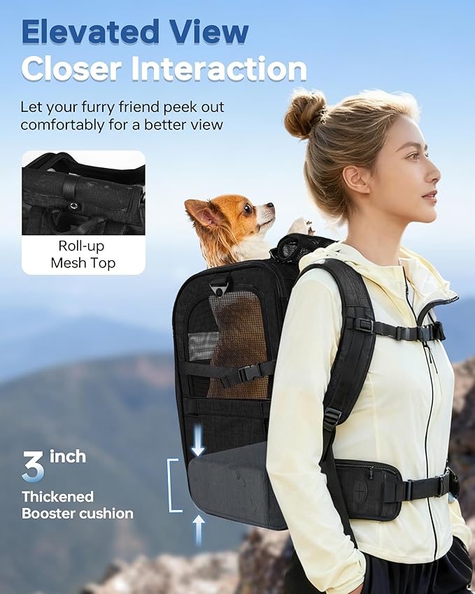 Hiking Dog Carrier Backpack, Padded Height-Enhancing Design, Adjustable Waist Cushioning Belt with Breathable Padded Back Support, Dog Carrier Backpack for Small Dogs Max 13LB Black with Pad