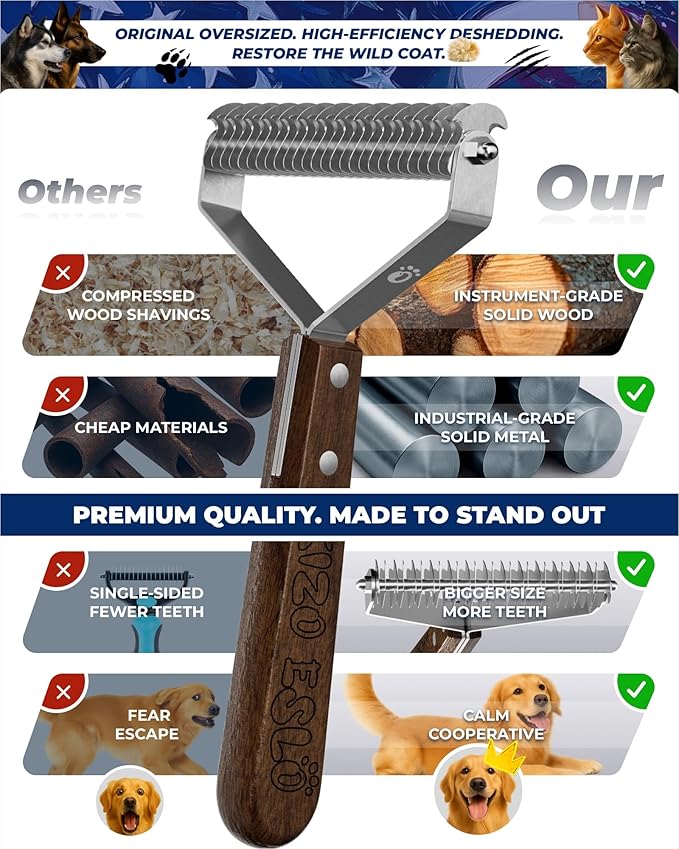 Extra Large 2-Sided Undercoat Rake for Dogs & Cats, Dog Brush for Shedding Remove Mats, Dematting Comb, Safe & Gentle Grooming Brush for German Shepherds Medium to Long-Haired Pets (Walnut Handle)