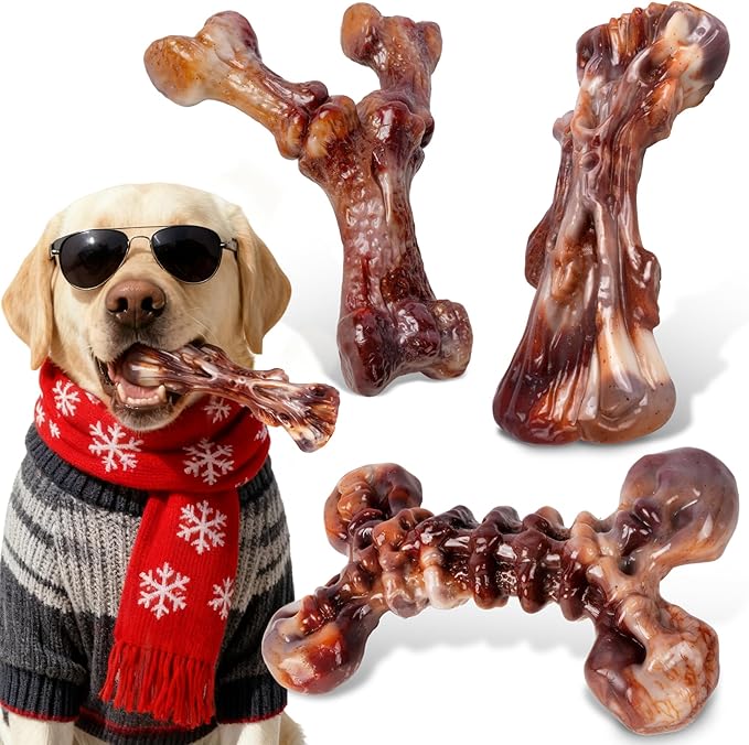 Dog Toys for Aggressive Chewers - 3 Pack Bacon Flavored Indestructible Dog Toy, Tough Chew Bone for Medium Large Breed 25-80lbs to Keep Them Busy