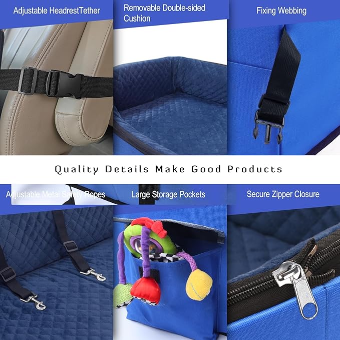 INFANZIA Dog Booster Car Seat for Small Medium Large Dogs, Elevated Pet Car Seats with Safety Leash for Pets Under (Royal Blue, Medium)
