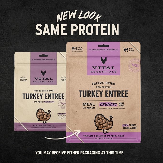 Vital Essentials Freeze-Dried Raw Turkey Meal or Mixer Cat Food Crunchy Nibs, 8 oz