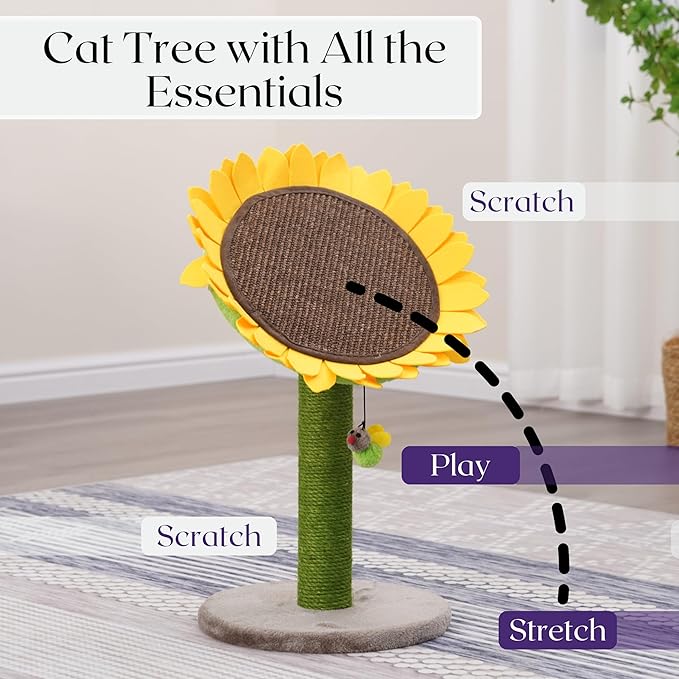 Catry 23" 2-in-1 Replaceable Cat Scratching Post with Convertible Sunflower Scratching Pad or Perch, Quick Assembly, Garden Style, Ideal for Small to Medium Cats