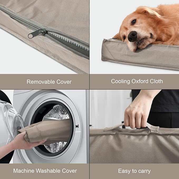 Outdoor Extra Large Dog Bed, Jumbo Waterproof Dog Bed for Large Dogs, Orthopedic Egg Crate Foam Pet Mat with Removable Oxford Cooling Cover, Khaki
