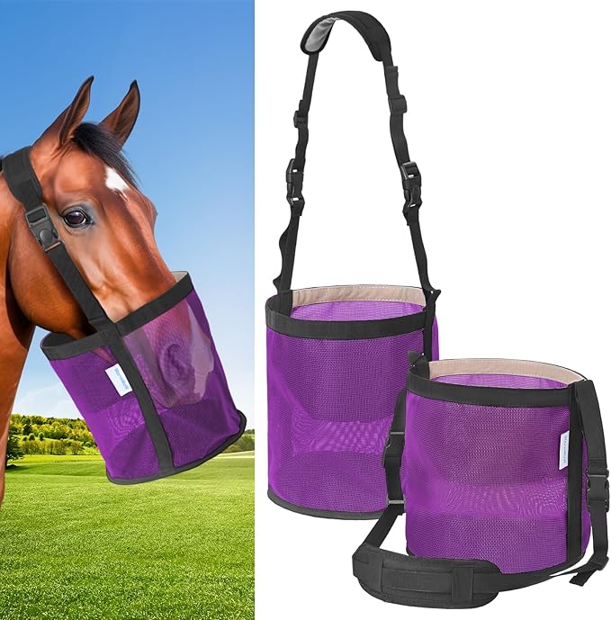 Horse Feed Bag Pack of 2, Feed Bags for Horses with Ventilation Mesh, Comfort Nose Pad Neck Pad, Adjustable Strap, Spill Proof Design for Independent Feeding Grain, Supplements (Purple)