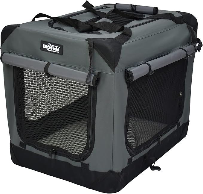 EliteField 4-Door Folding Soft Dog Crate with Curtains, Carrying Bag and Fleece Bed (2 Year Warranty), Indoor & Outdoor Pet Home (20" L x 14" W x 14" H, Gray+4 Door Curtains)