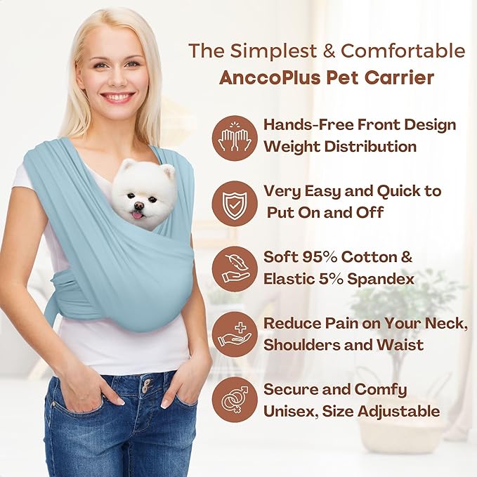 Dog Carriers for Small Dogs, Front Facing Dog Sling Carrier, Hands Free Cat Carrier, Size Adjustable, Reducing Back Pain, Premium Cotton, Safe and Soft Dog Carrier (Plus, Baby Blue)