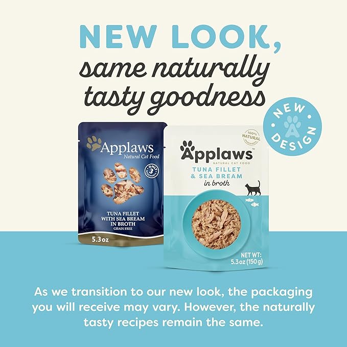 Applaws Natural Wet Cat Food in Broth, Limited and Natural Ingredients, High Protein with No Artificial Additives, Tuna Fillet & Seabream in Broth (12 x 5.3oz Pouches)