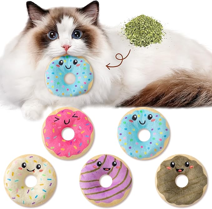 L1rabe Donut Catnip Stuffed Toys - Christmas Winter Gifts 5Pcs Funny Dessert Organic Cat Toys Pet Supplies, Indoor Cats Chew Bite Teething Tools Kittens Catmint Birthday Gifts Interactive Supplies