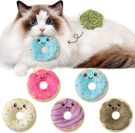 L1rabe Donut Catnip Stuffed Toys - Christmas Winter Gifts 5Pcs Funny Dessert Organic Cat Toys Pet Supplies, Indoor Cats Chew Bite Teething Tools Kittens Catmint Birthday Gifts Interactive Supplies
