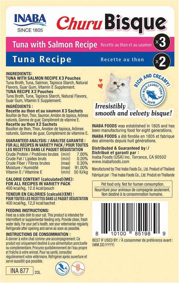 INABA Churu Bisque for Cats, Creamy Lickable Purée Side Dish with Vitamin E, 1 Ounce per Pouch, 5 Pouches, Tuna Variety Pack