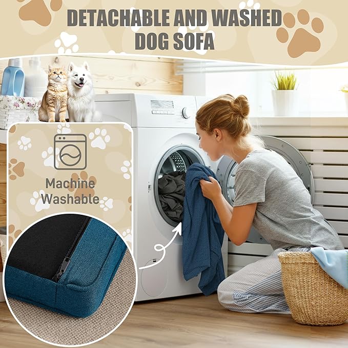 Dog Sofa Couch for Medium to Large Dogs, 55" Memory Foam Pet Sofa Couch with Washable Fabric, Durable Elevated Dog Bed with Legs, Removable Cushion for Medium Dogs, Blue