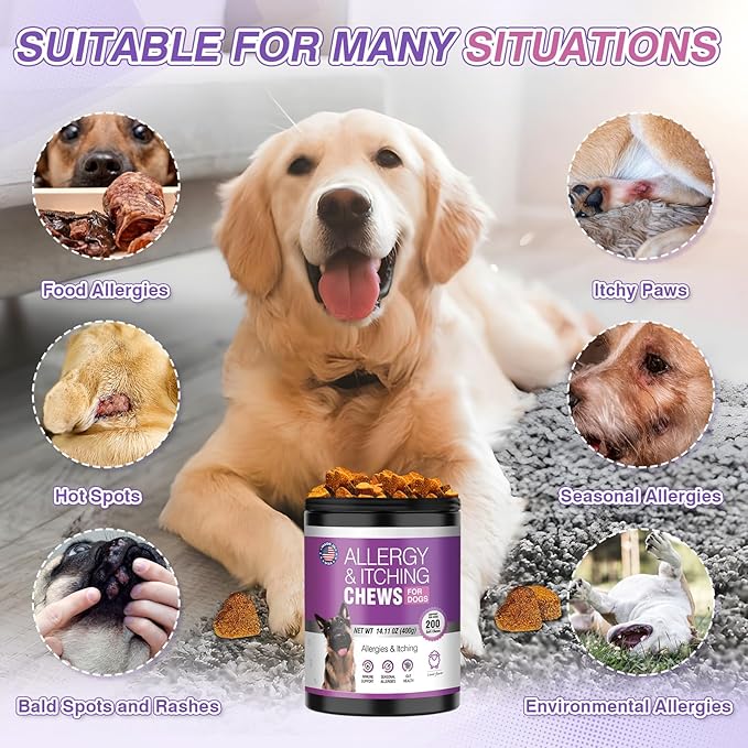 Dog Allergy Chews 200ct - Dog Allergy and Itching Skin Relief Anti Itch Aller Immune Bites for Dogs Licking Paws Treatment Relief Itchy Chew Probiotics Vitamins for Skin and Coat Allergies - Lamb