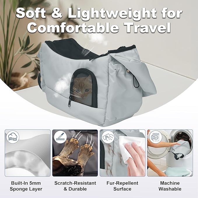Dog Sling, Dog Carriers for Small Dogs up to 7 lbs Kitten and Puppy, Breathable Cat Carrier Sling Pet Purse with Pockets, Hands-Free Pet Carrier with Safety Harness for Travel, Gray
