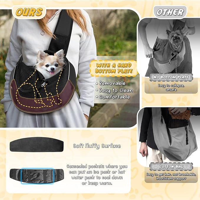 Detachable Hard Bottom Dog Sling for Small Dogs & Cats Up to 10 lbs- Upgraded Breathable Mesh, Adjustable Strap & Large Pocket - Hands-Free Pet Carrier for Travel Walking Hiking (Black Size M)