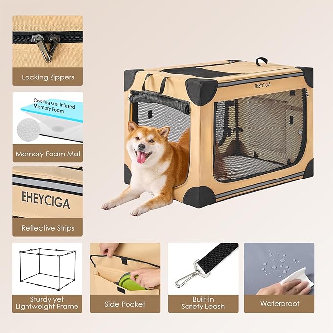EHEYCIGA Collapsible Dog Crate 42 Inches, Portable Travel Crate for Extra Large Dogs, Soft Foldable Pet Kennel with 4-Door Mesh Windows Indoor & Outdoor, Biege