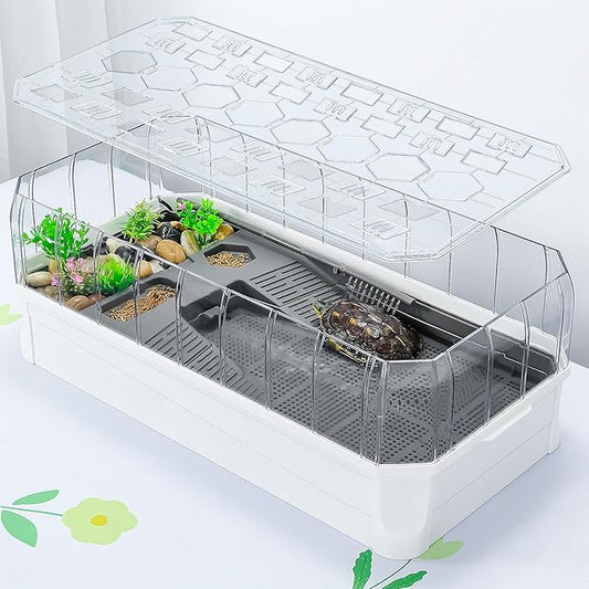 Turtle Habitat Spacious Turtle Tank Kit with Rain Shower Filter SPA & Easy Drain - Perfect for Baby Turtles, Red Eared Sliders Tortoises White, 25.6×9.4×13 Inch
