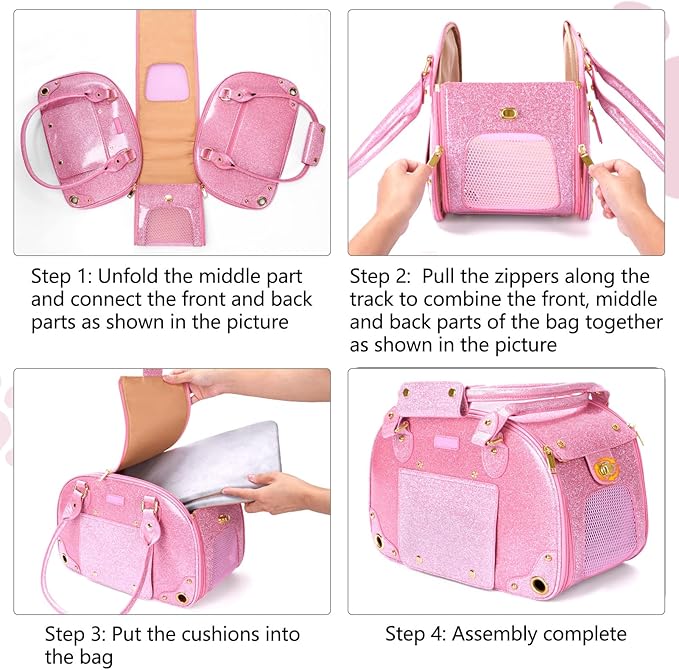 PetsHome Dog Carrier Purse, Pet Carrier, Cat Carrier, Bling Waterproof Premium Leather Pet Travel Portable Bag Carrier for Cat and Small Dog Home & Outdoor Small Bling Pink