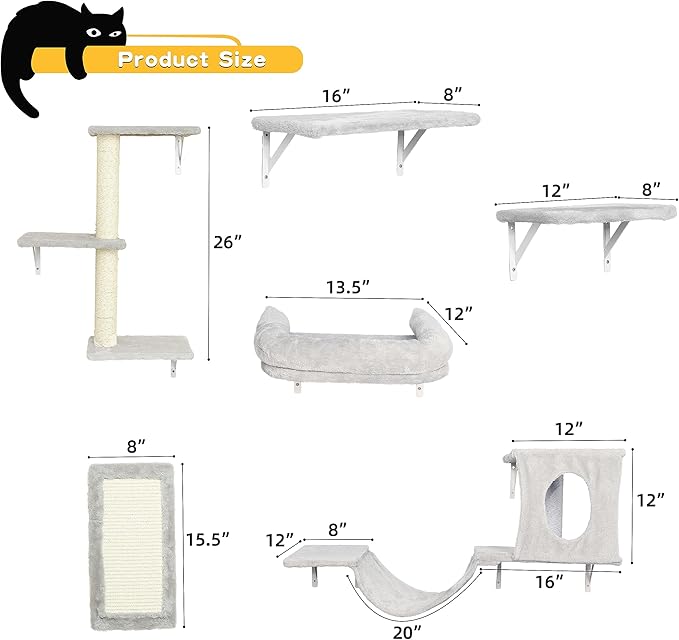 NUNU LAB Wall Mounted Cat Climber Set, 6 Pcs Cat Furniture Set with House, Bridge, Steps, Scratcher Board and Hammock, Shelves for Indoor, Luxury Walls Furniture(Light Gray)