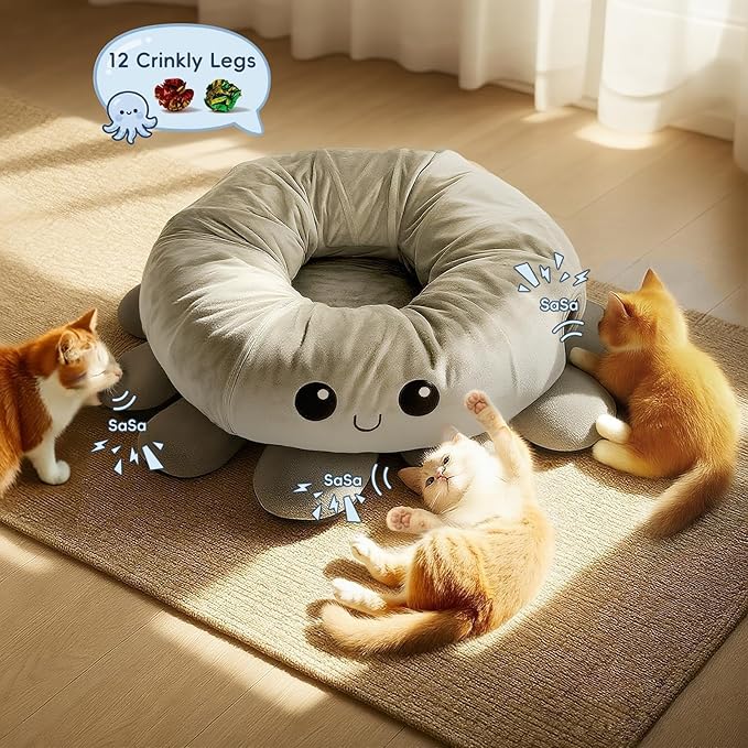 Cat Tunnel Bed for Indoor Cats, Peekaboo Cat Cave Bed,Soft Cat Donut Tunnel for Kitten Large Cats, Cute Grey Octopus Shaped