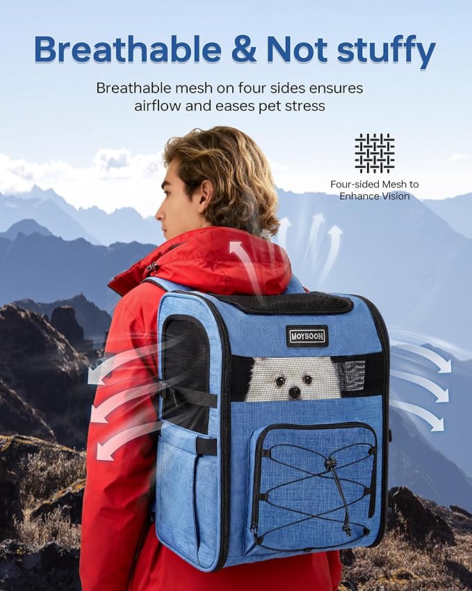 Hiking Dog Carrier Backpack, Adjustable Waist Cushioning Belt with Breathable Padded Back Support, Dog Carrier for Hiking with 5 Pockets, Dog Carrier Backpack for Small Dogs Max 13LB Blue