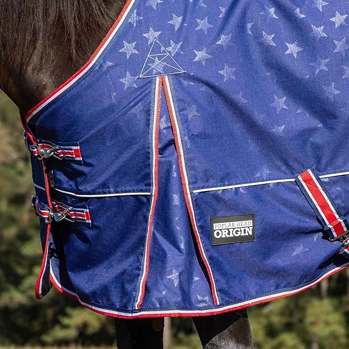 Jeffers Poplar Head 600 Denier Turnout Sheet for Horses, 0g Polyfill, 66"- Waterproof Lightweight Horse Blanket, Adjustable Chest Belly Straps, Tail Flap, Stable Blanket, Navy Color - Allegiance