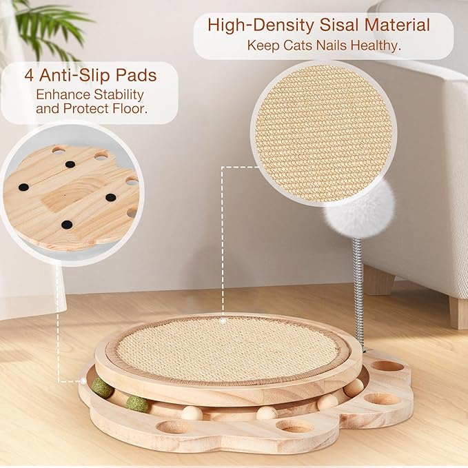 Cat Scratcher with Natural Sisal Pad, 3-in-1 Cat Scratching Board, 2-Tier Kitten Toys with Wooden Ball Track & Spring Ball -No Assembly Cats Activity Center, for Indoor and Outdoor