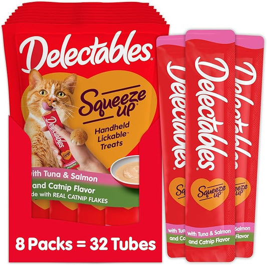 Delectables Squeeze Up Creamy Squeezable Puree, Lickable Wet Cat Treats, Grain Free, No Added Fillers, No By-Products, No Added Preservatives, 0.5 Ounces Tube Tuna & Salmon with Catnip, 32 Tubes Total
